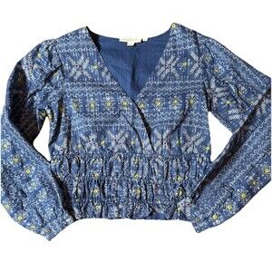 Forever That Girl Anthropologie Smocked Embroidered Boho Blouse Top Blue Size S